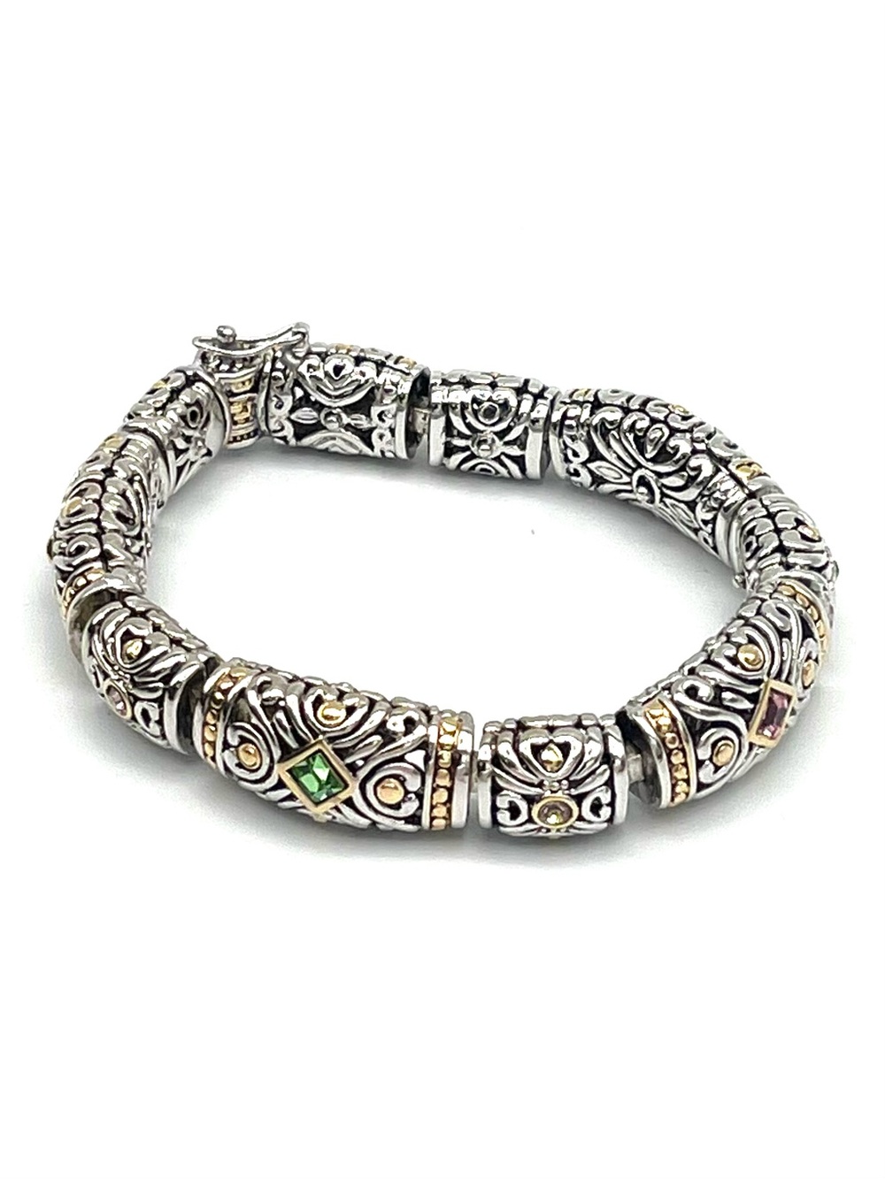 John Medeiros T*J Renaissance Revival Bracelet, 18k gold accents, Green Pink CZ